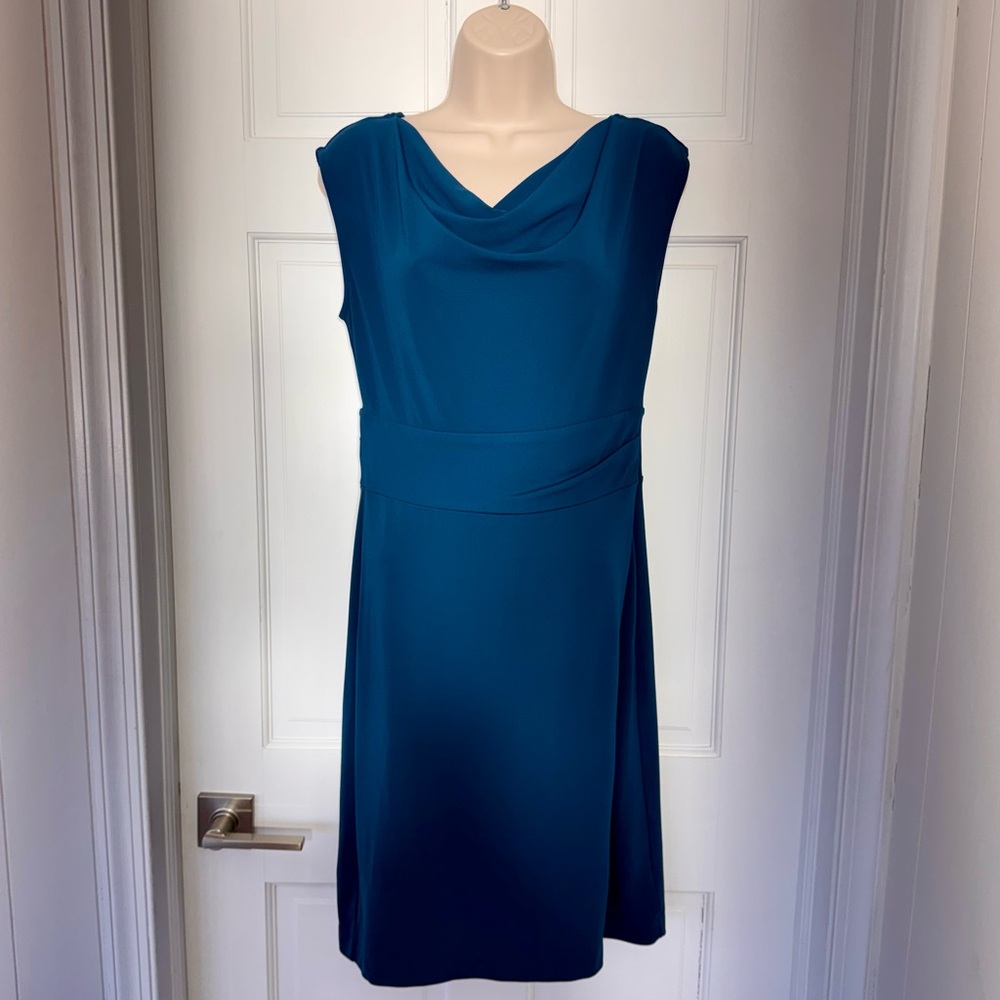 Ann Taylor Teal Cowl Neck Midi Dress Sleeveless Sheath Size 4